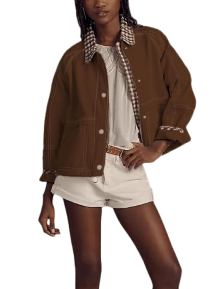 Aimiray Women's Oversized Plaid Jacket Lapel Button Down Casual Shacket Coats with Side Pockets | Amazon (US)