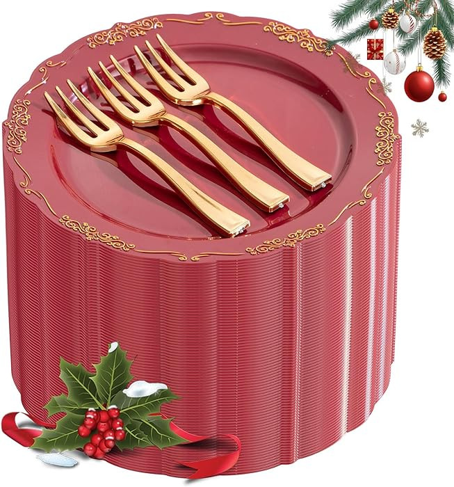 LIYH 100 Pcs Burgundy Gold Plastic Dessert Plates with 100 Pcs Gold Dessert Forks, Disposable Red... | Amazon (US)