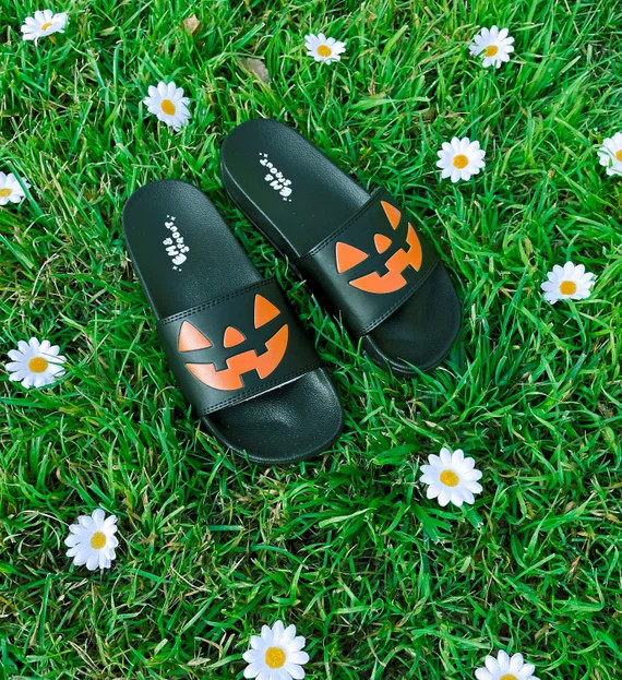 BLACK Halloween Jack O Lantern Slides - Women's Sizes 6-12 | Etsy (US)