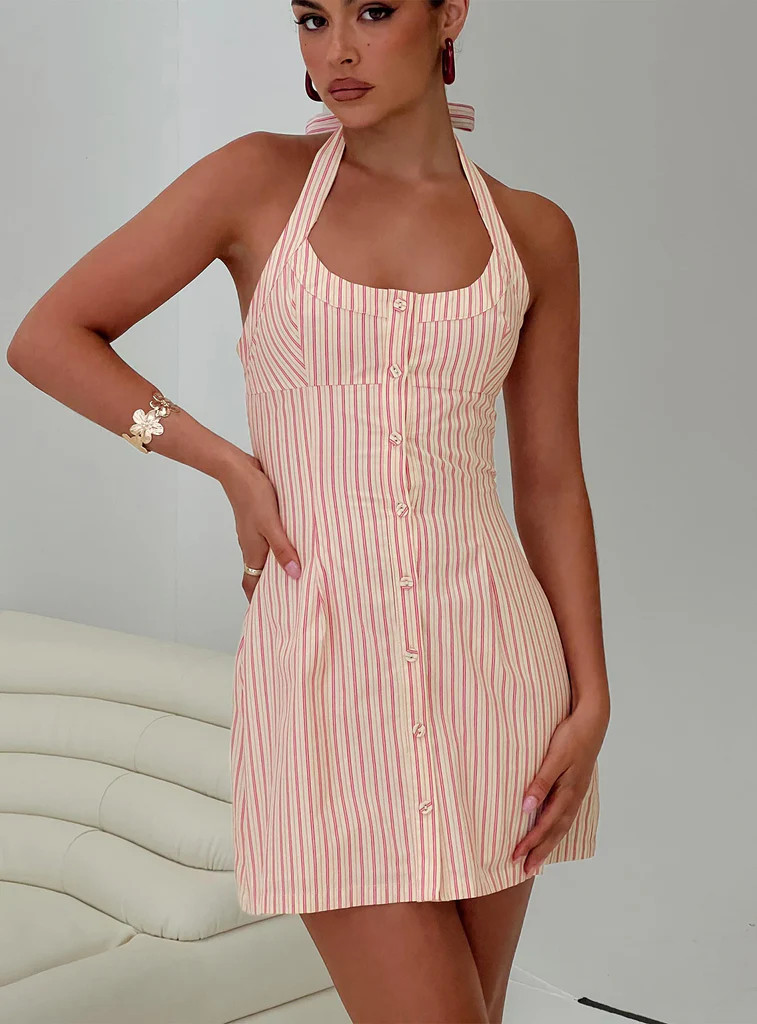 Mallorie Halter Mini Dress Pink Stripe | Princess Polly US