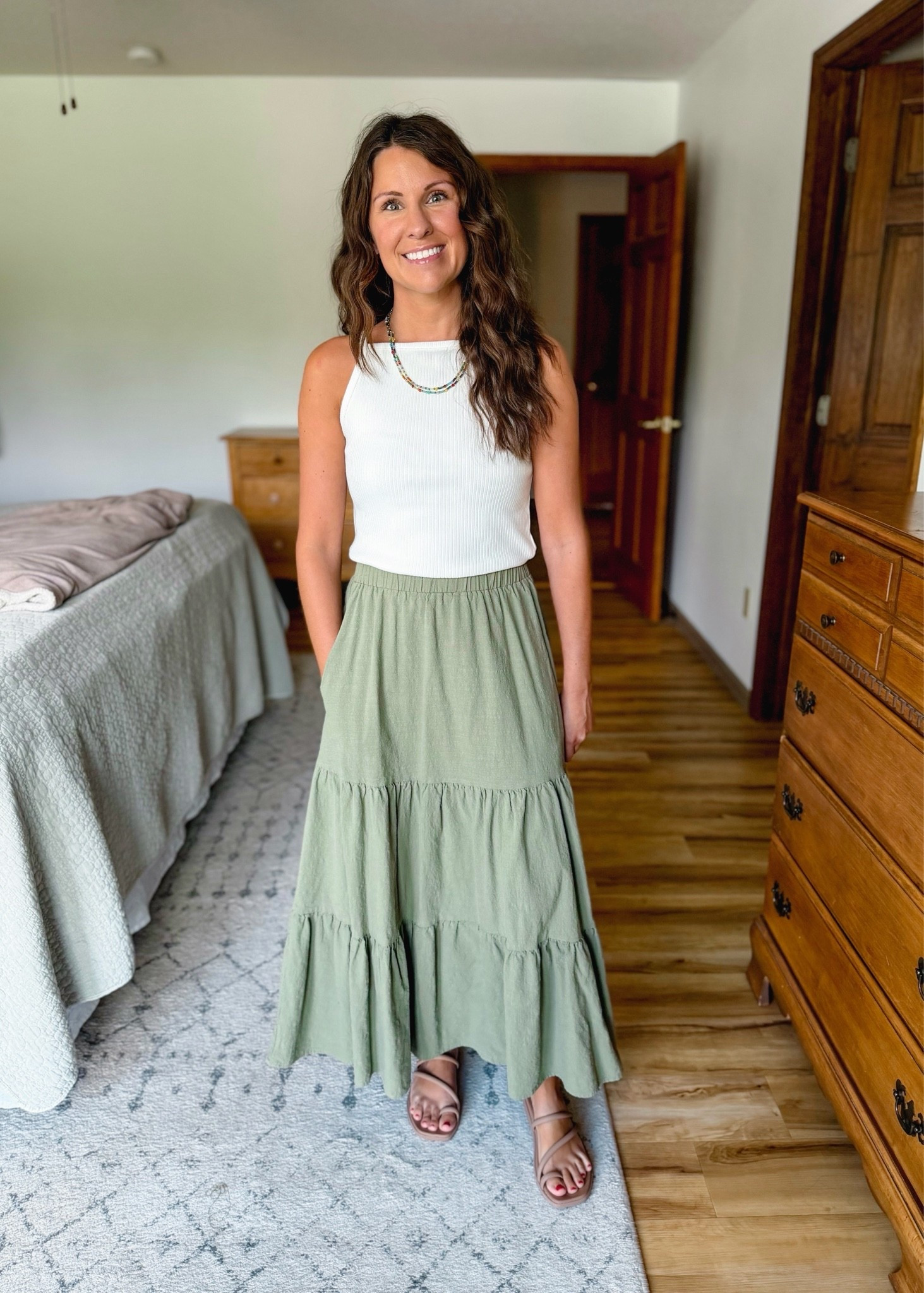small in my skirt (olive color). My tank is older, so I linked some similar ones. My sandals are size 6.

#LTKPetite #LTKgrwm #LTKootd