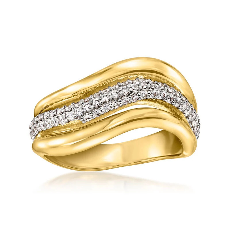 14kt Yellow Gold-Plated Wave Ring with .70 ct. t.w. CZs | Ross-Simons