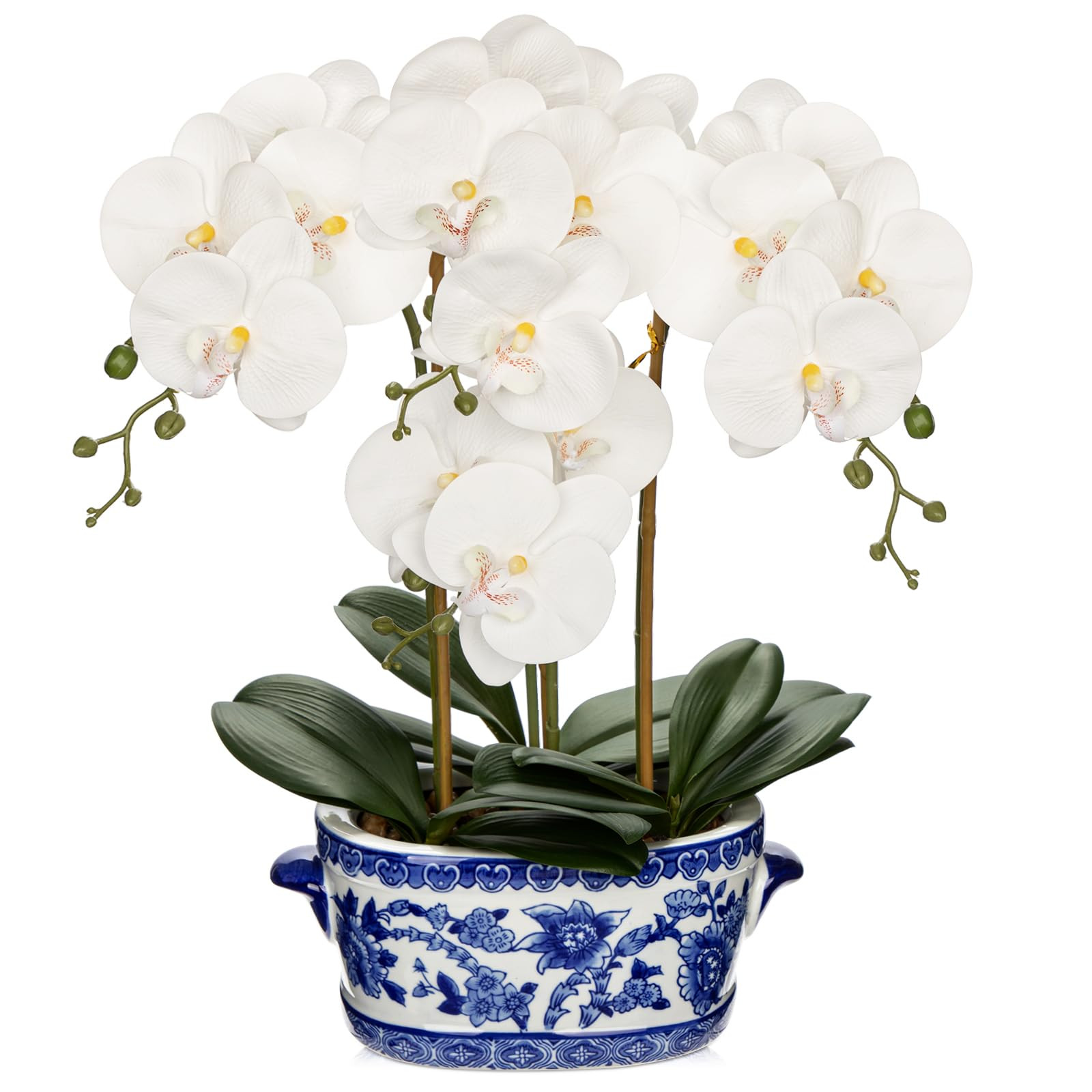 Briful Orchid Artificial Flowers in Blue and White Porcelain Pot 19.7" White Faux Silk Orchid Arr... | Amazon (US)
