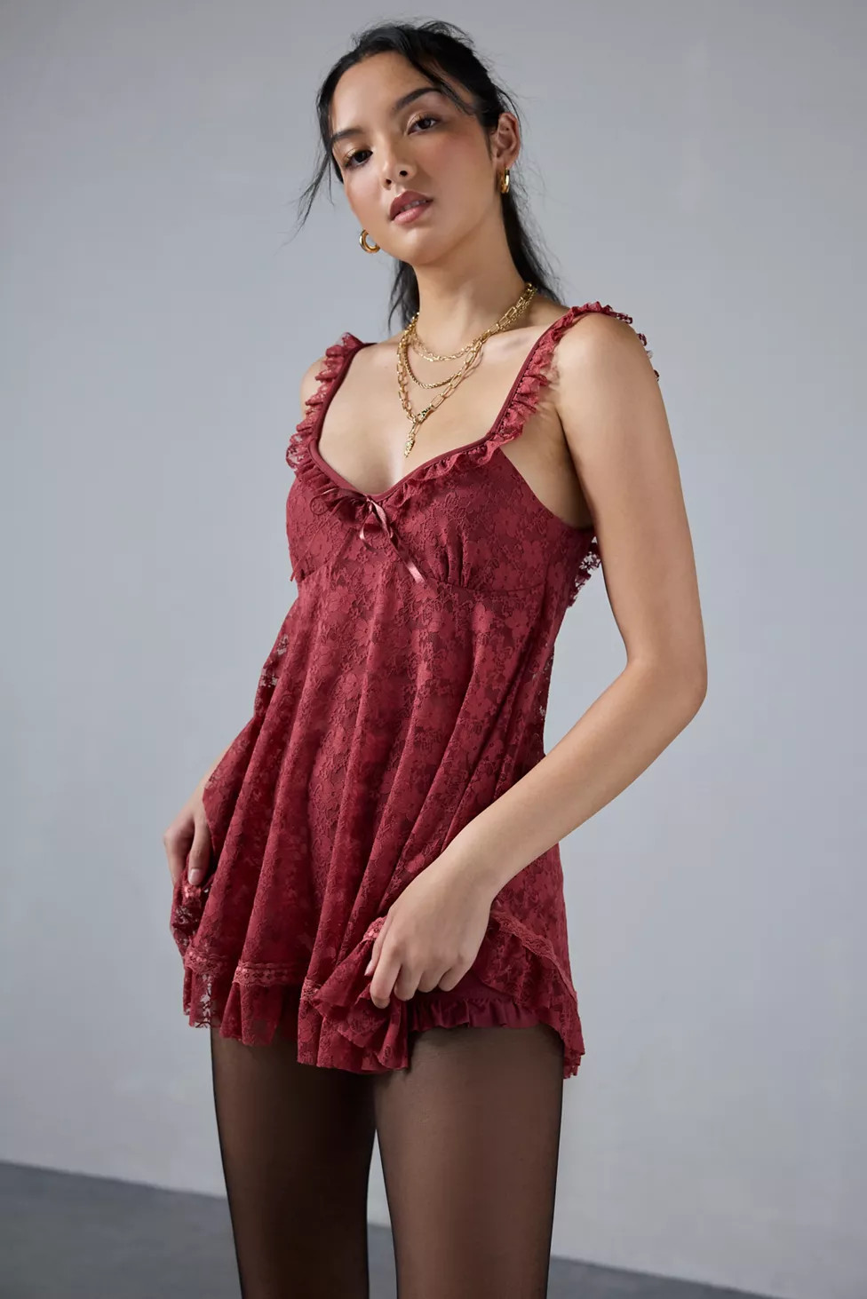 UO Primrose Lace Babydoll Romper | Urban Outfitters (US and RoW)