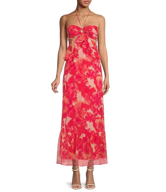 Myra Floral Print Sleeveless Halter Neck Cutout Maxi Dress | Dillard's