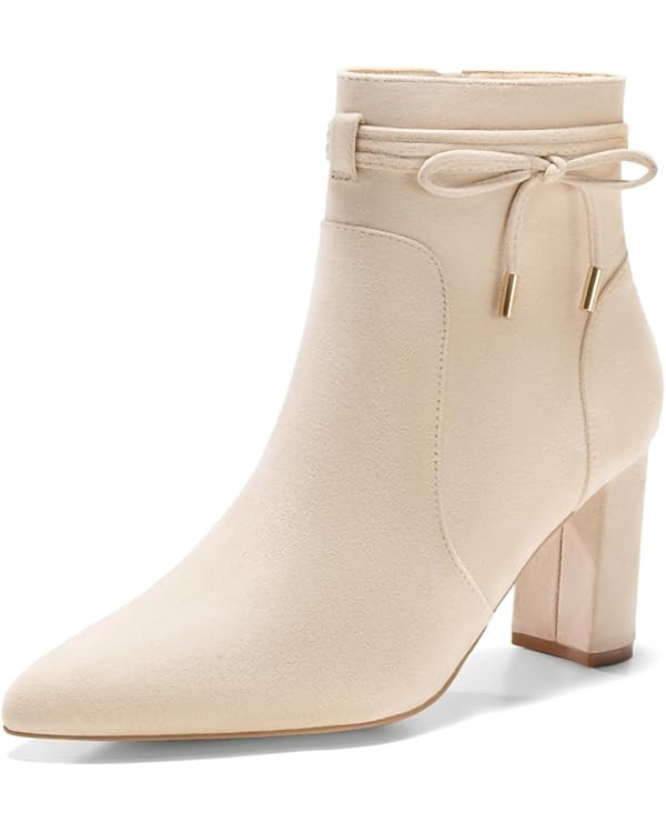 Coutgo Womens Pointed Toe Ankle Boots Chunky Block Heel Tie Knot Side Zipper Dressy Booties | Amazon (US)