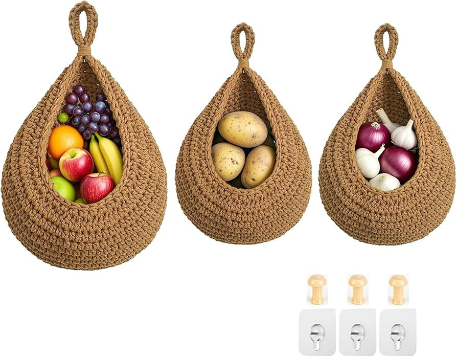 Hanging Fruit Baskets for Kitchen, 3 Pack Boho Cotton Rope Handwoven Vegetable Storage Wall Mount... | Amazon (US)