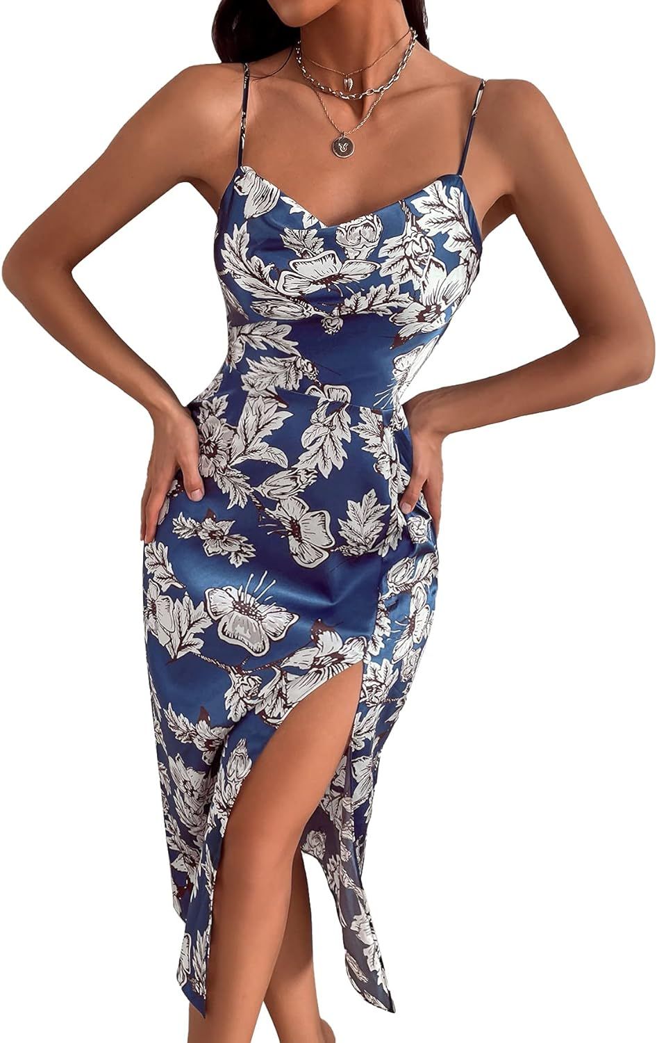 Floerns Women's Floral Print Criss Cross Sleeveless Split Thigh Cami Midi Dress | Amazon (US)