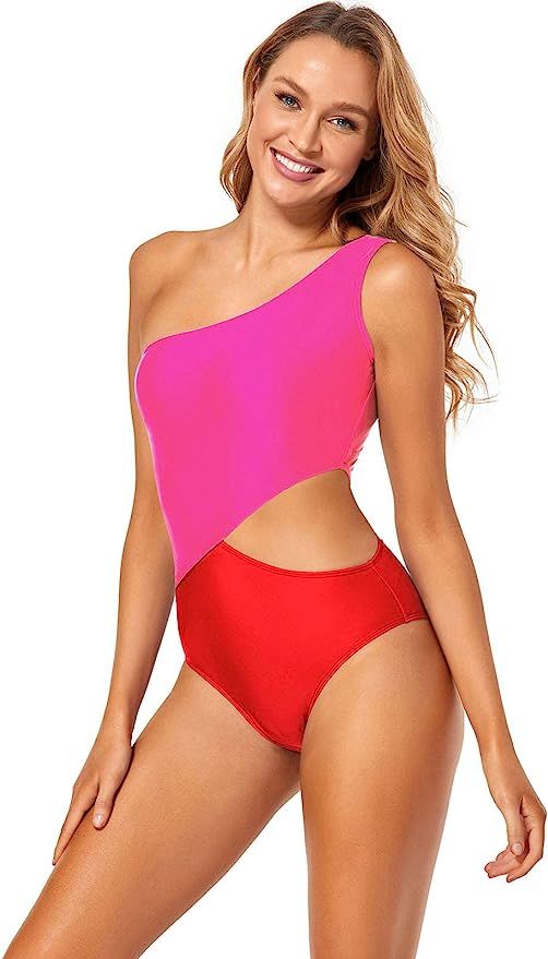 Annbon Women's Cutout One Piece Swimsuit Color Block One Shoulder Monokini Bathing Suit | Amazon (US)