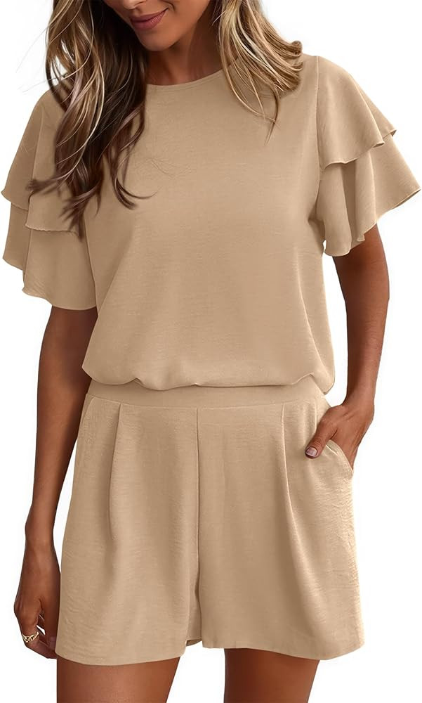KIRUNDO Two Piece Short Sets For Women 2026 Spring Summer Ruffle Short Sleeve Top Elastic Waist P... | Amazon (US)