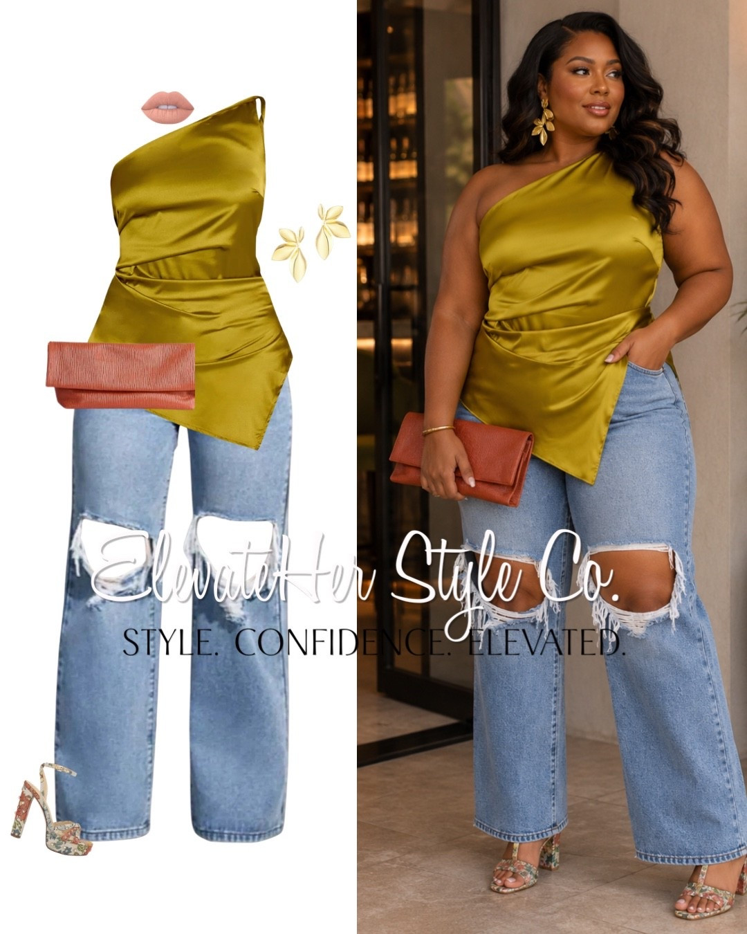 Dress up your favorite denim with a satin statement top for the perfect high-low mix. The luxe fabric elevates distressed jeans, while warm accessories complement the rich olive hue. This combination is effortless, flattering, and perfect for date night, dinner, or any occasion that calls for casual chic.

#LTKootd #LTKgrwm #LTKmomlife