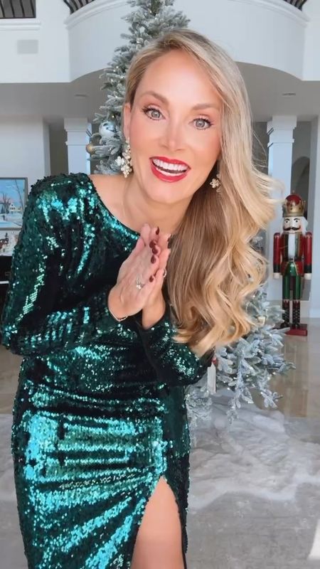 This beautiful green sequin dress would be the perfect holiday party outfit. Currently 25% off @bloomingdales 💫 I’m wearing a medium. Runs a bit small. Be sure to hop over to Instagram stories to see all of the beautiful festive looks at Bloomingdale’s. ❤️ #ad #bloomingdales 

#LTKHoliday #LTKparties #LTKover40