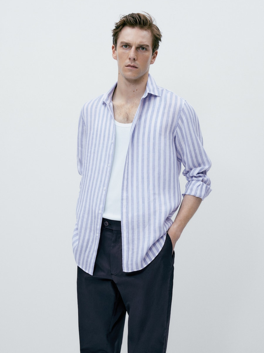 Gestreiftes Slim-Fit-Hemd aus reinem Leinen | Massimo Dutti DE