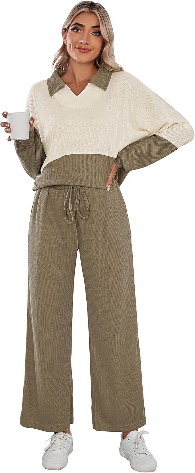 Zexxxy Women's Fall Waffle Casual Lounge Set Two Piece Color Block Pajama V Neck Long Sleeve Knit... | Amazon (US)