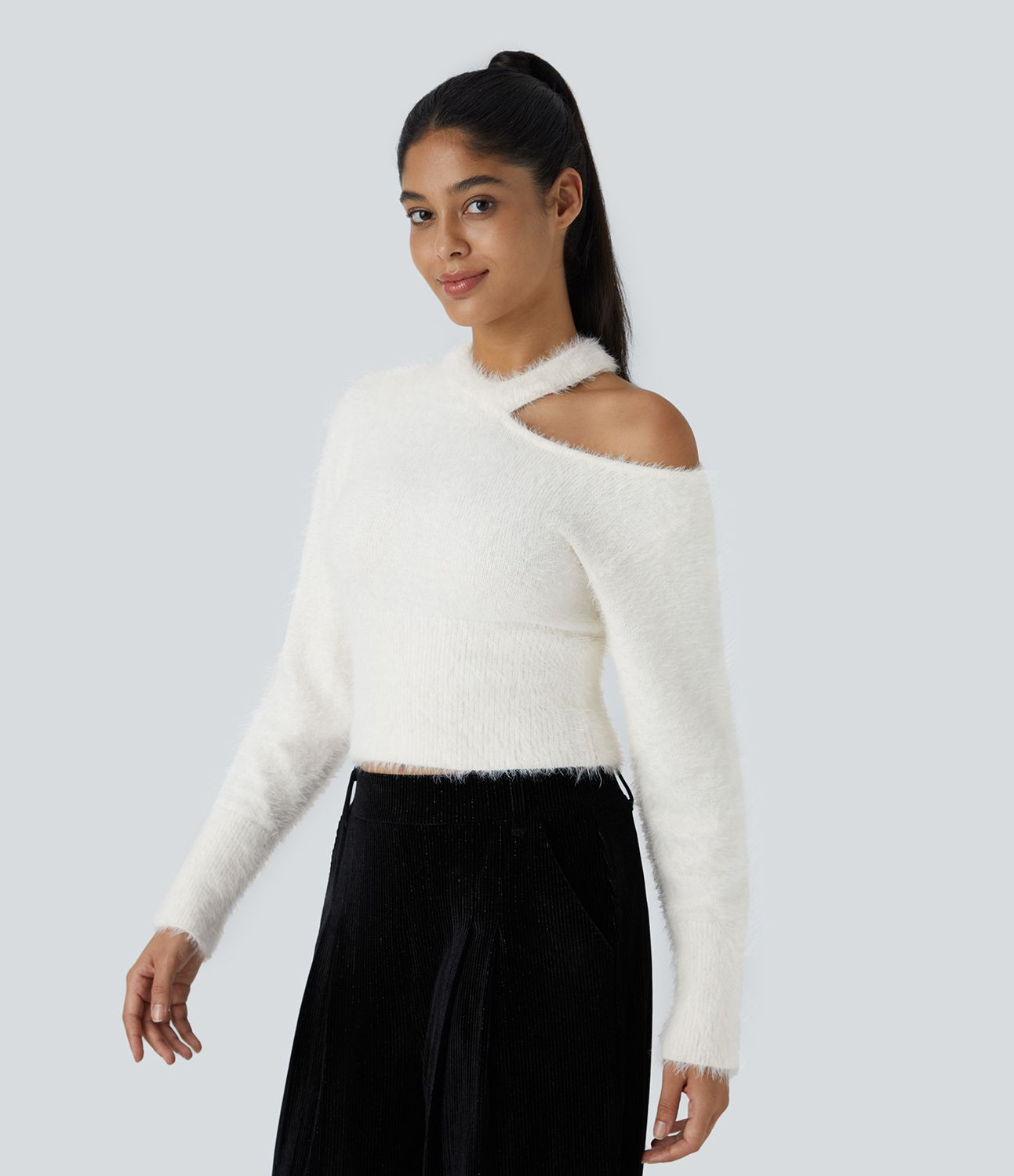 Women’s Round Neck Off Shoulder Long Sleeve Casual Sweater - Halara | HALARA