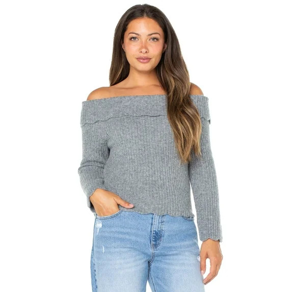Celebrity Pink Women's Off Shoulder Scalloped Edge Sweater, Sizes XS-XXXL | Walmart (US)