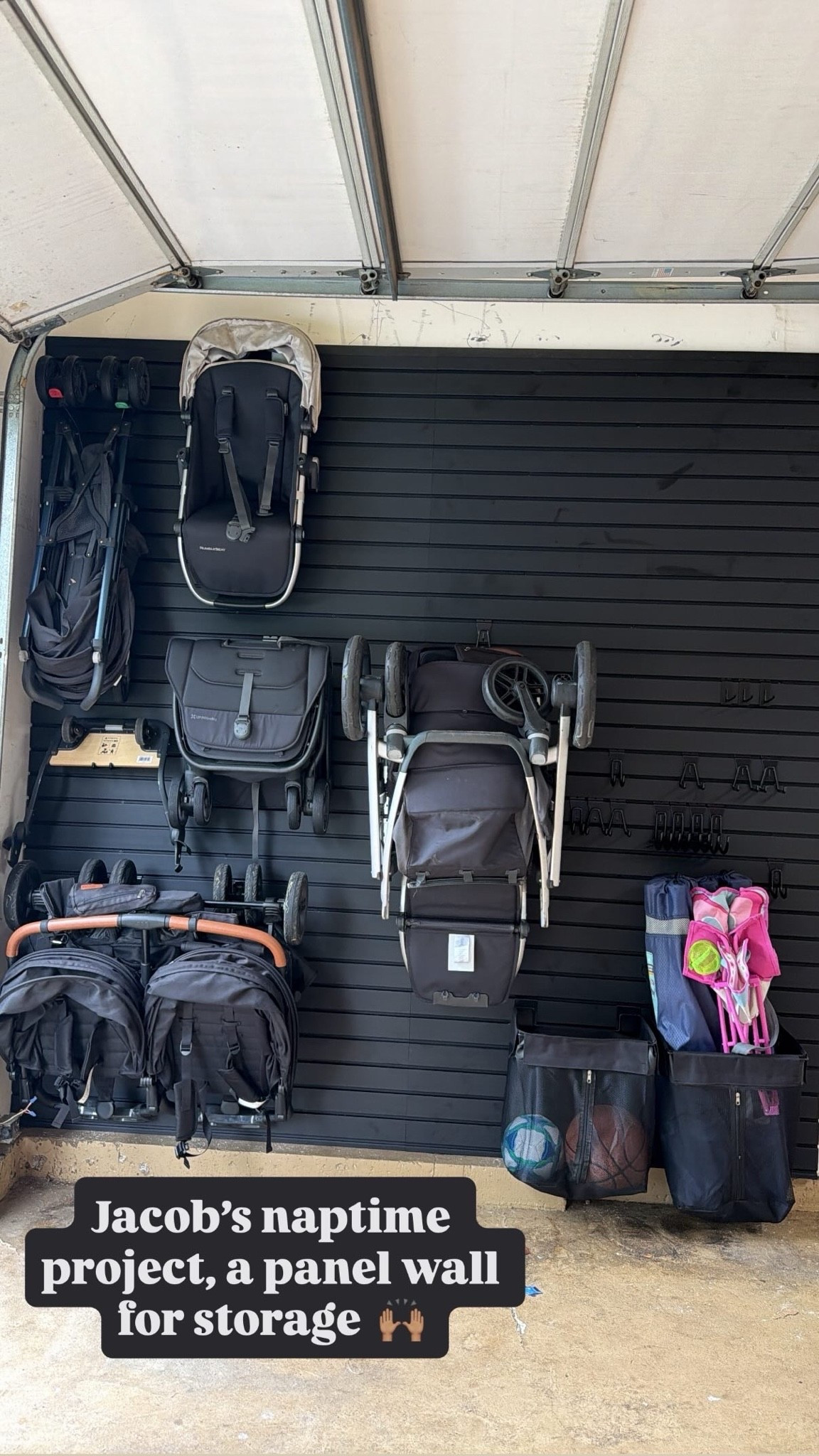 Garage storage panel wall for strollers and other garage items! Two 4x8 panels and one of each wall accessory kits!

#LTKmomlife #LTKHome