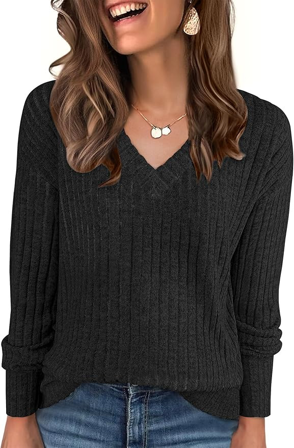 ANRABESS Long Sleeve Shirts for Women V Neck Casual Fall Tops Loose Fit Lightweight Sweaters Tuni... | Amazon (US)