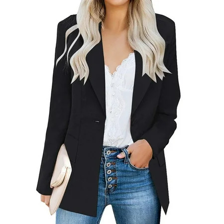 Black Blazer Women s Blazer Suit Jackets For Women Ankle Long Coats Solid Open Front Pockets Cardiga | Walmart (US)