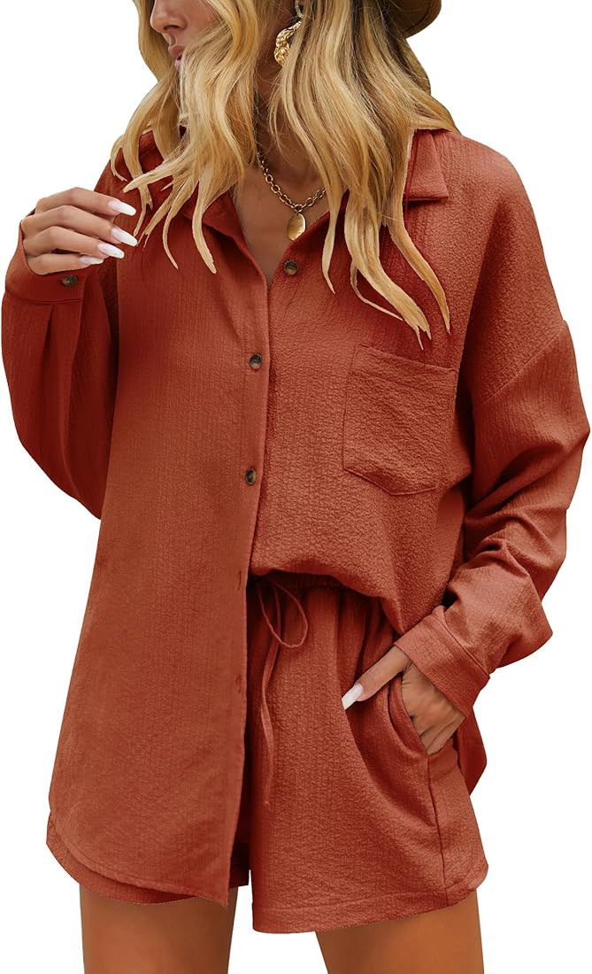 2 Piece Outfits for Women Fall Lounge Set Long Sleeve Button Down Shirt and Casual Shorts with Po... | Amazon (US)