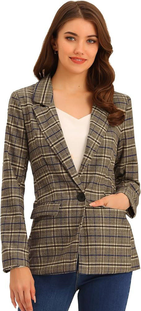 Allegra K Women's Notched Lapel One Button Boyfriend Blazer Suit Houndstooth Work Office Blazers ... | Amazon (US)