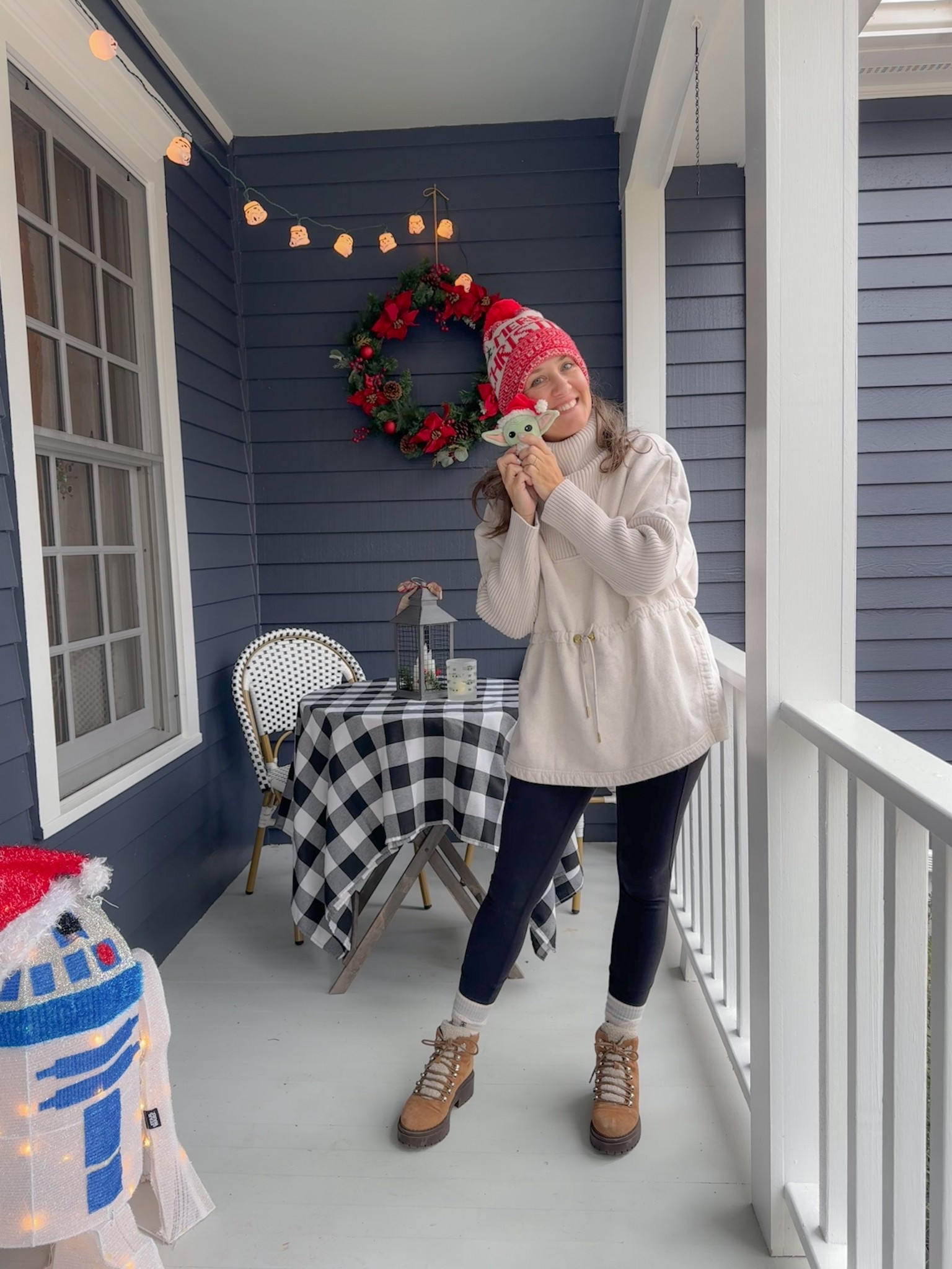 Holiday porch is coming along! Going with a Star Wars theme. Excited for the Mando movie in 2026! 
My Varley sweatshirt is amazing for all outdoor winter adventures and travel.
I’ve had my Lululemon leggings for seven years now! They are worth it!

#LTKSeasonal #LTKOver40 #LTKHoliday