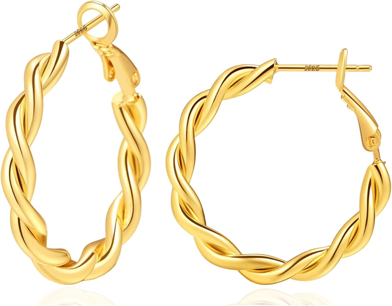 Twisted Hoop Earrings for Women Sterling Silver Post Croissant Earrings 18K Gold Plated Lightweig... | Amazon (CA)