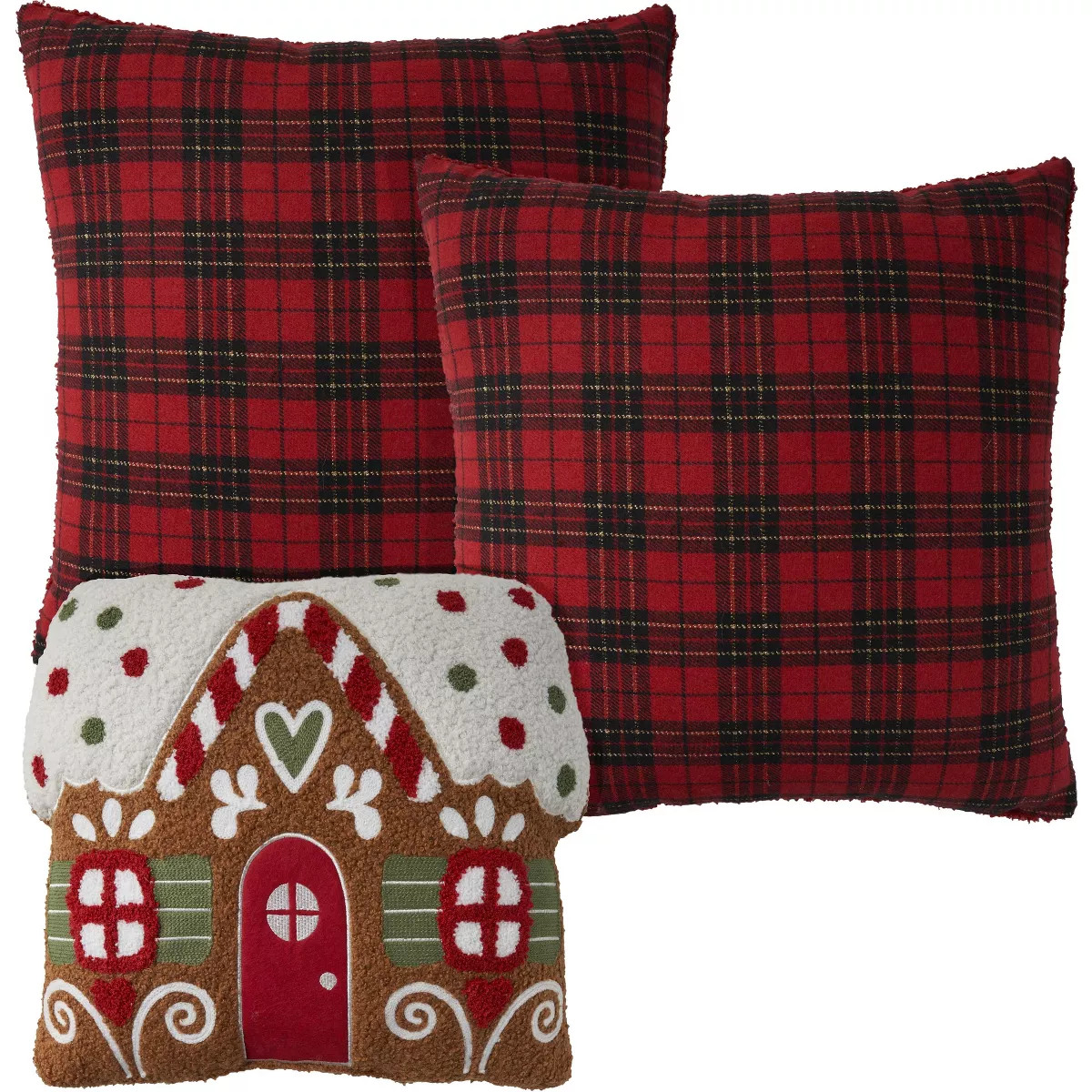 Mina Victory Holiday Plaid Faux Shearling Gingerbread House 3 Piece Set Indoor Throw Pillows | Target