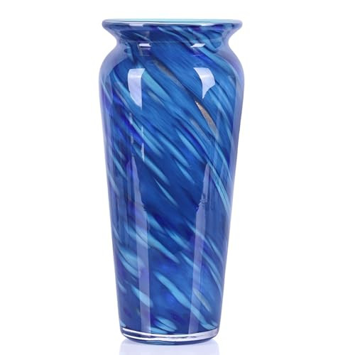 Blue Hand Blown Glass Vase – Tall Speckled Decorative Centerpiece in Murano Style for Dining Table, Coffee Table, Mantel, Entryway, or Bookshelf in Coastal or Modern Decor (Blue) | Amazon (US)