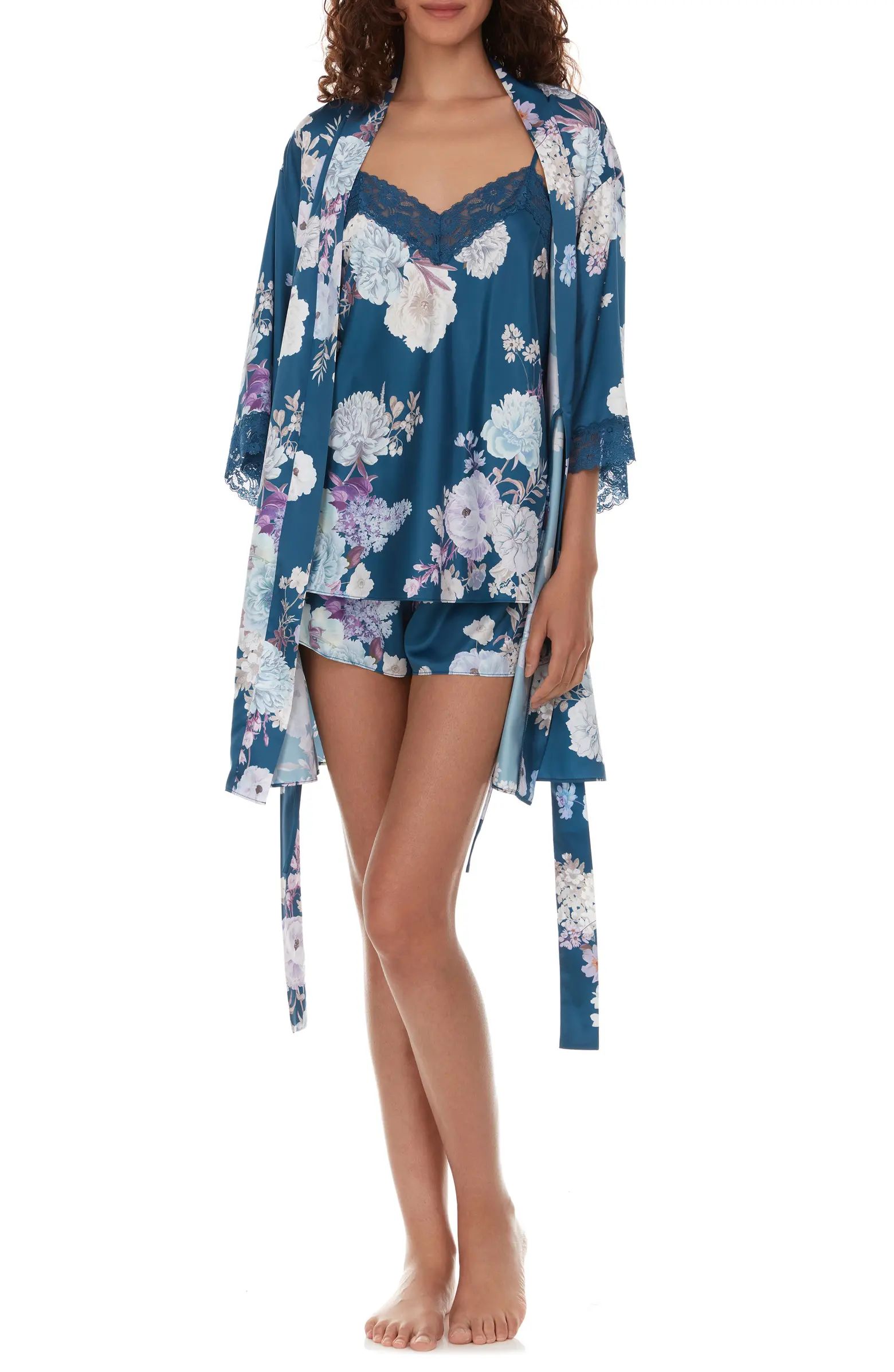 Sabrina Floral Print Satin Short Pajamas & Robe Set | Nordstrom