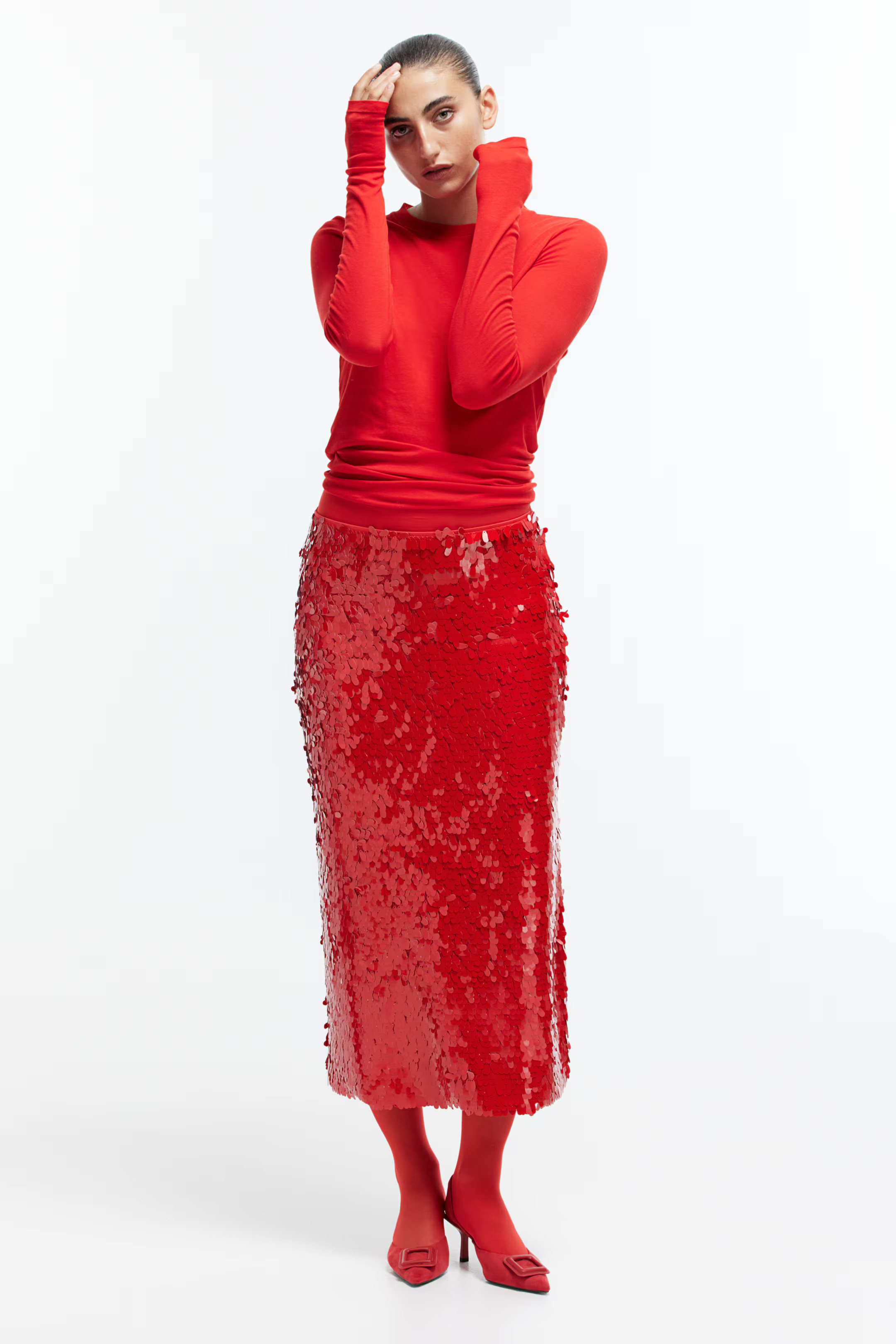 Sequined midi skirt - Bright red - Ladies | H&M GB | H&M (UK, MY, IN, SG, PH, TW, HK)