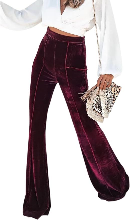 OLYCELAK Velvet Wide Leg Palazzo Pants for Women Work Formal High Waist Wide Leg Long Pants Wine ... | Amazon (US)