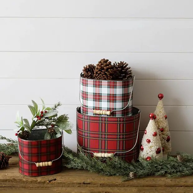 Tartan Plaid Festive Holiday Bucket Set of 3 | Antique Farm House