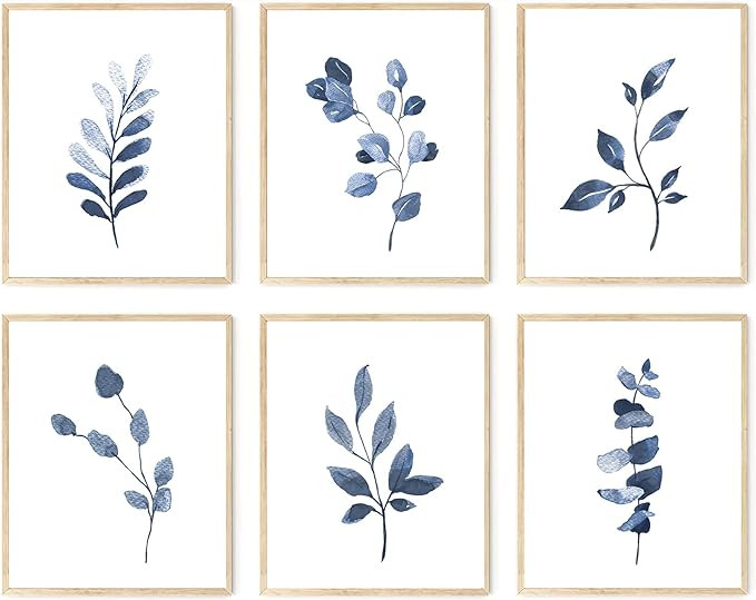 Navy Blue Botanical Art Set of 6, Minimalist Abstract Prints Watercolor Blue White Leaf Plant Wal... | Amazon (US)