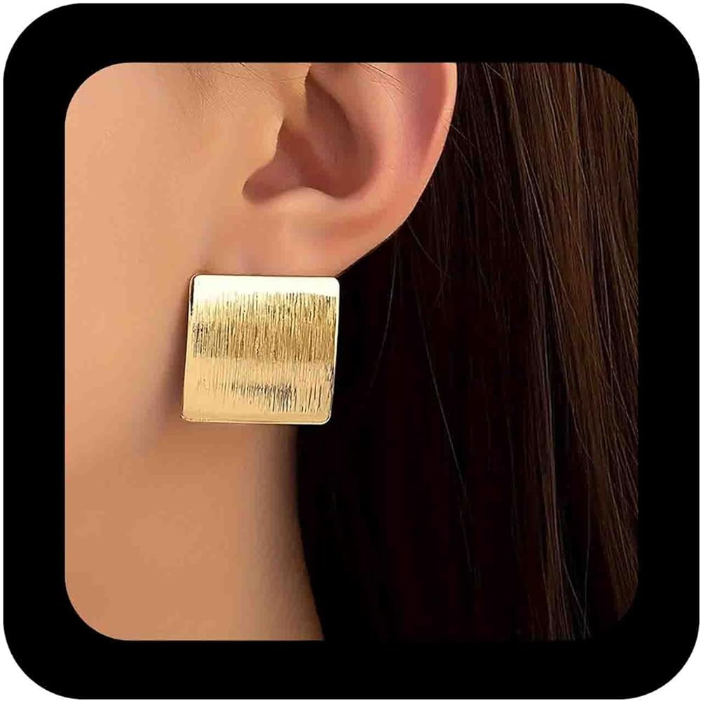 Vintage Big Square Stud Earrings Gold Metal Square Earring Brushed Geometric Earrings Exaggerated... | Amazon (US)