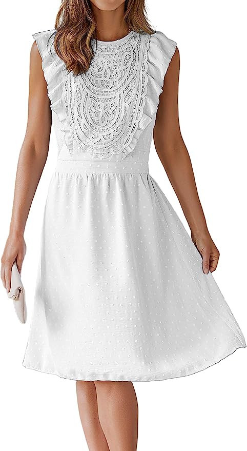 ECOWISH Dresses for Women 2023 Cap Sleeve Swiss Dot Lace Wedding Guest Church Easter Casual Dress | Amazon (US)