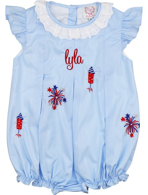 Blue Pleated Embroidered Fireworks Bubble | Cecil and Lou