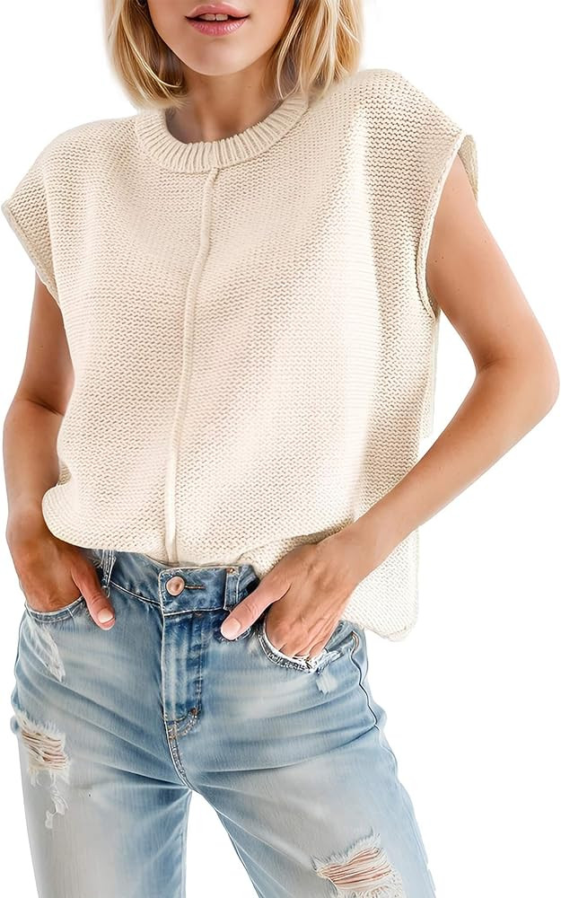 Casual Cap Sleeve Sweater for Women Crew Neck Loose Fit Cotton Pullover Tops Knit Light Sweater T... | Amazon (US)