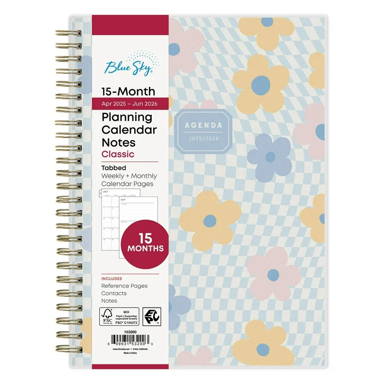 Blue Sky Monthly Weekly Notes Medium (5.875" x 8.625") Floral Checker 15-Month (April 2025 - June... | Walmart (US)