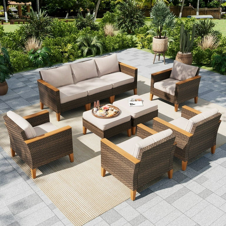 Sophia & William 9 Pieces Wicker Outdoor Conversation Set Patio Furniture Sectionals with Beige C... | Walmart (US)