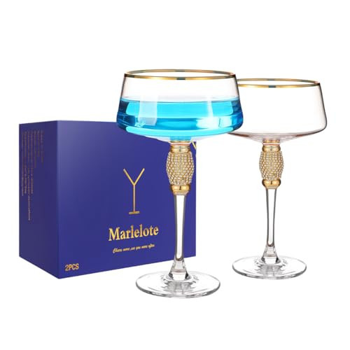Marlelote,Gold Martini Glasses,Coupe Glass set of 2,Cocktail Glasses,Gold Rimmed&Rhinestones,Margarita Glass,Champagne Tower,Scocktail,Art Deco Glassware,Home Parties,9OZ. | Amazon (US)