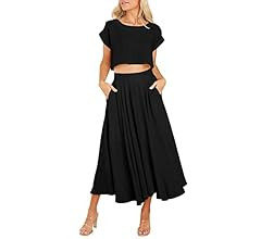 Women's Summer Two Piece Outfits Midi Dress Pleated Crop Top Flowy Flare Skirts Sets Casual Solid... | Amazon (US)