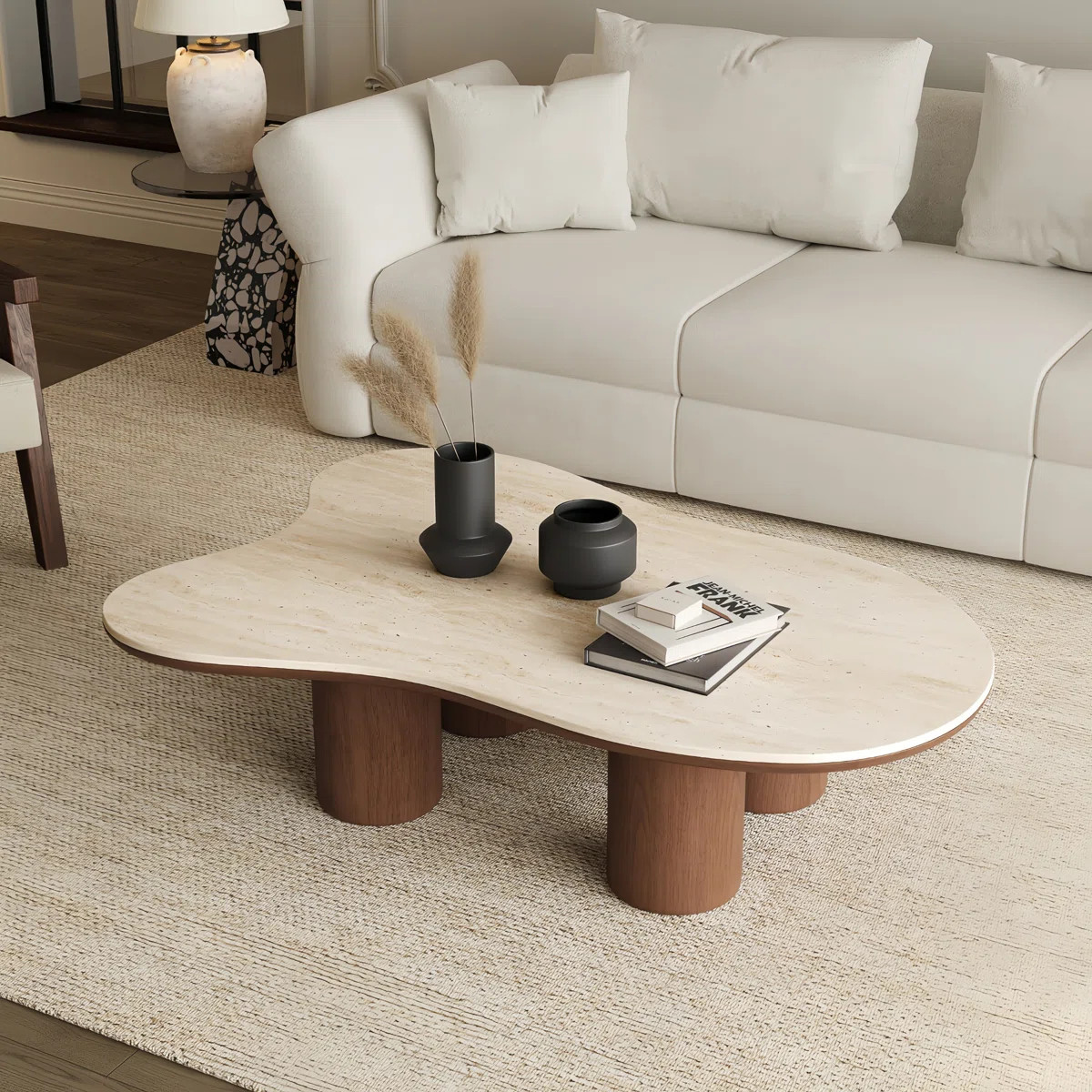 48" Modern Wood Coffee Table with Beige Sintered Stone Top, Solid Wood Pedestal Legs, Easy Assemb... | Wayfair North America