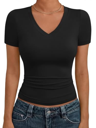 Trendy Queen Womens Basic V Neck Short Sleeve Spring T Shirts Slim Fit Crop Y2k Tee 2026 Summer Gym Workout Cute Top Black S | Amazon (US)