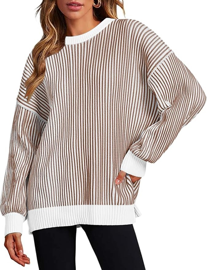 Zeagoo Women 2024 Winter Oversized Sweater Crew Neck Long Sleeve Color Block Pullover Rib Knit Bl... | Amazon (US)