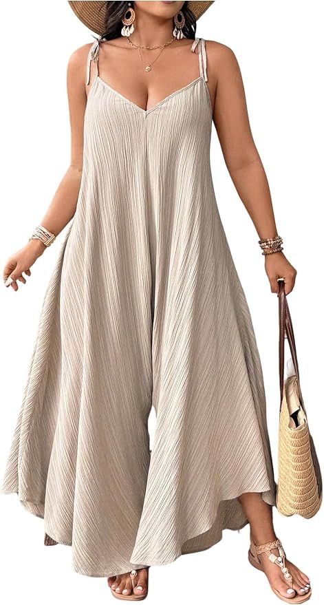 WDIRARA Women's Plus Size Textured Linen Jumpsuit Tie Shoulder V Neck Wide Leg Casual Resort Romp... | Amazon (US)