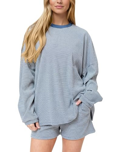 MISSACTIVER Women's Striped Lounge Set Long Sleeve Tee Shirts Drawstring Wide Leg Shorts Matching... | Amazon (US)