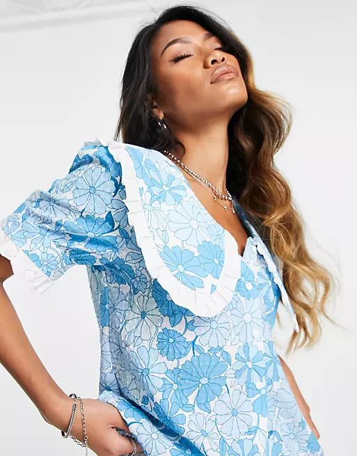 Object floral blouse with collar detail in blue | ASOS (Global)