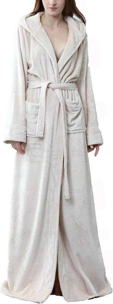 Flygo Womens Fuzzy Plush Long Hooded Robe Full Length Flannel Fleece Bathrobe Warm Housecoat | Amazon (US)