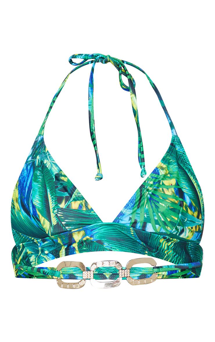 Haut de maillot de bain triangle vert imprimé tropical à anneaux dorés | PrettyLittleThing (FR)